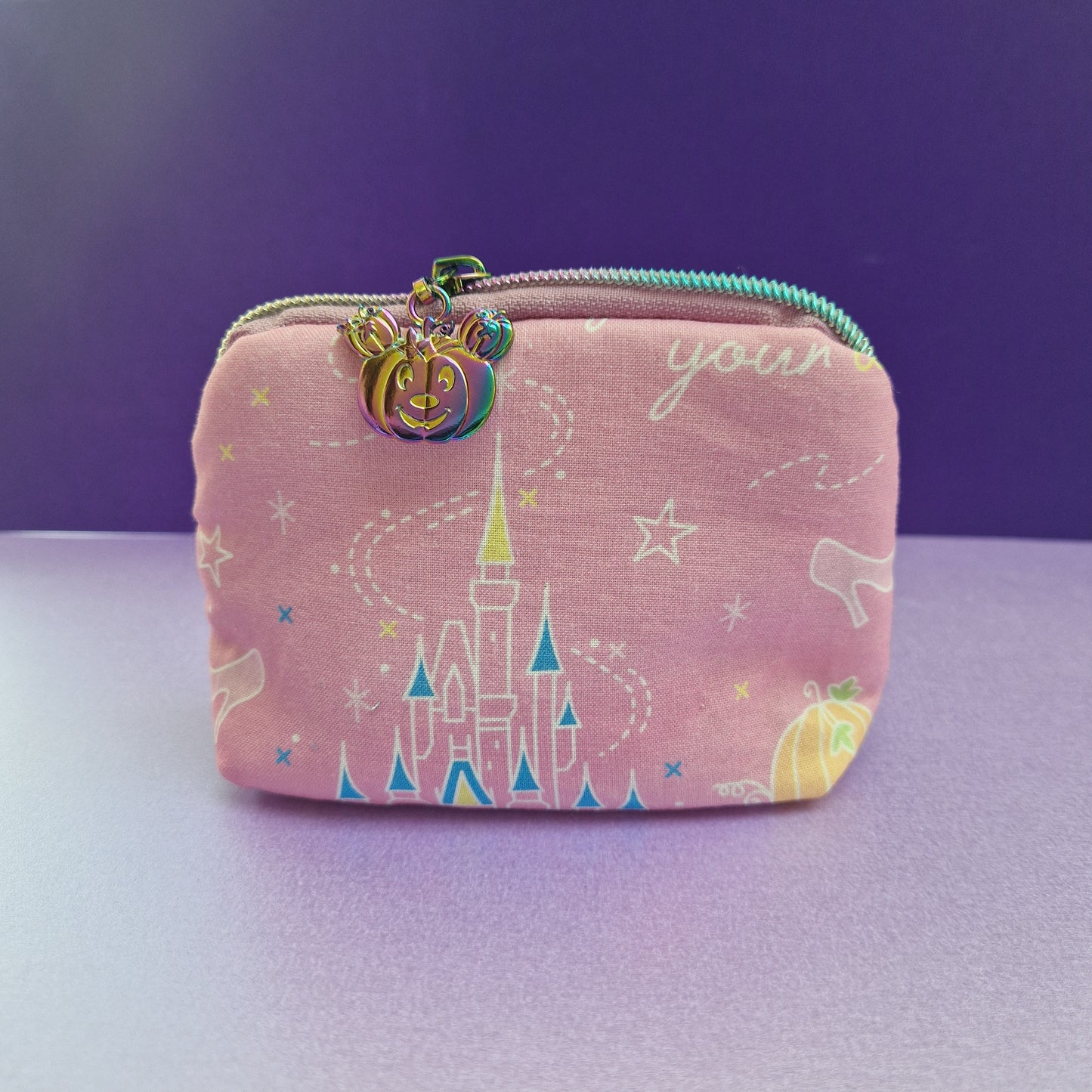 Home Before Midnight mini triangle shaped pouch cosmetic bag with pumpkin mouse zipper pull