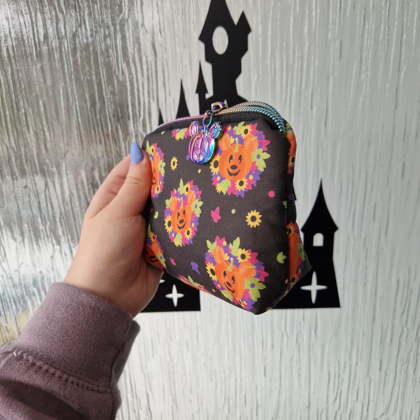 Spooky pumpkin wreath mini triangle shaped pouch cosmetic bag with pumpkin zipper pull