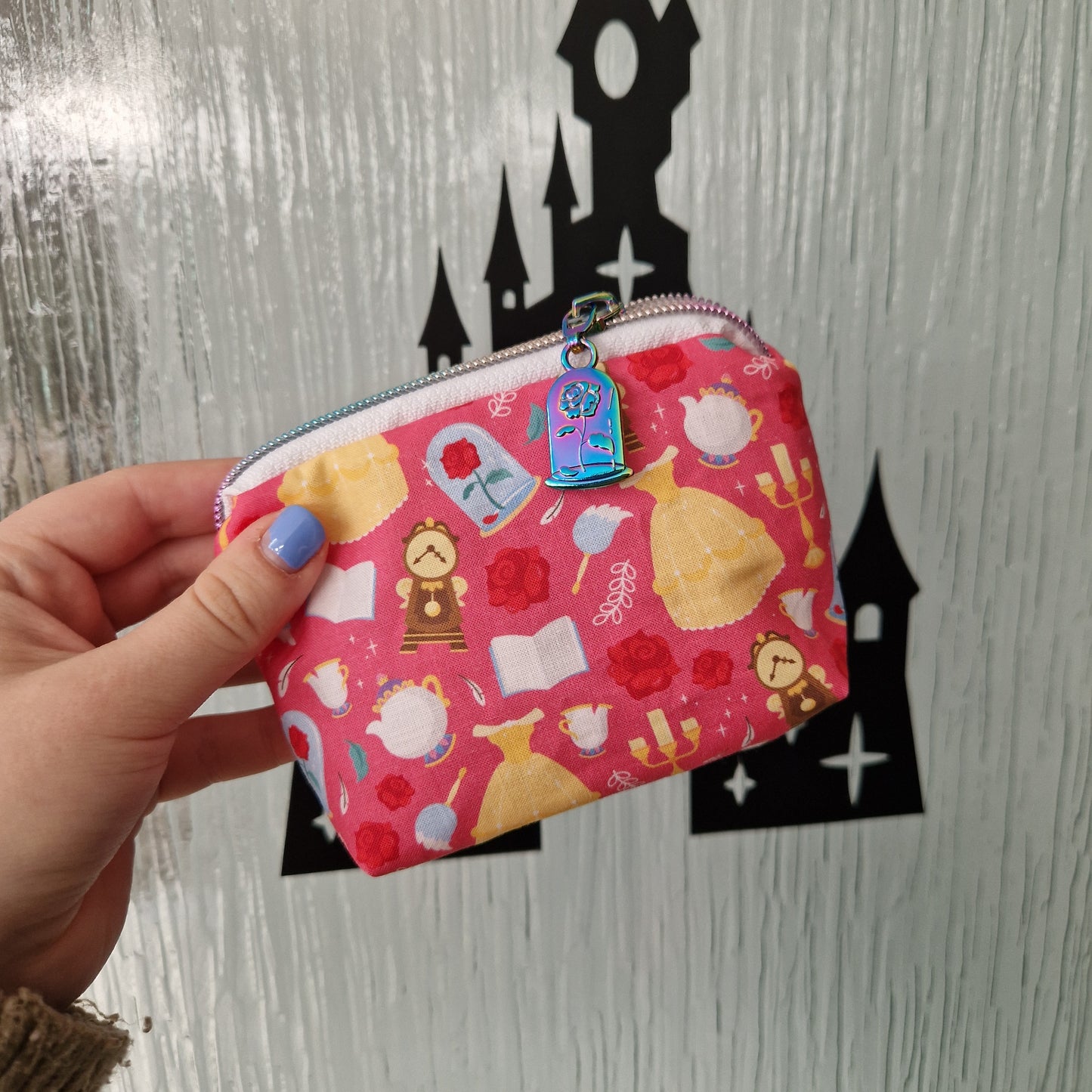 Enchanted rose mini triangle shaped pouch cosmetic bag with enchanted rose zipper pull