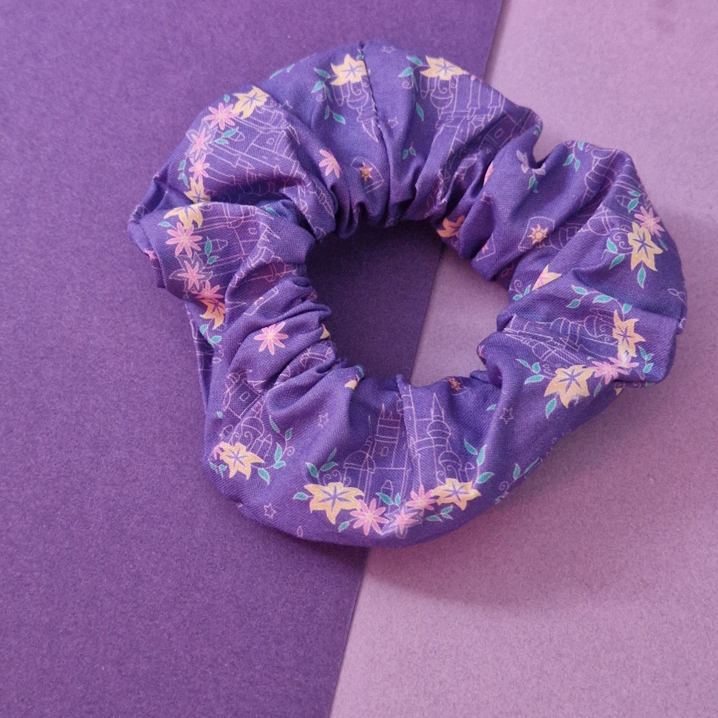 Purple Corona Kingdom Castle themed cotton hair scrunchie