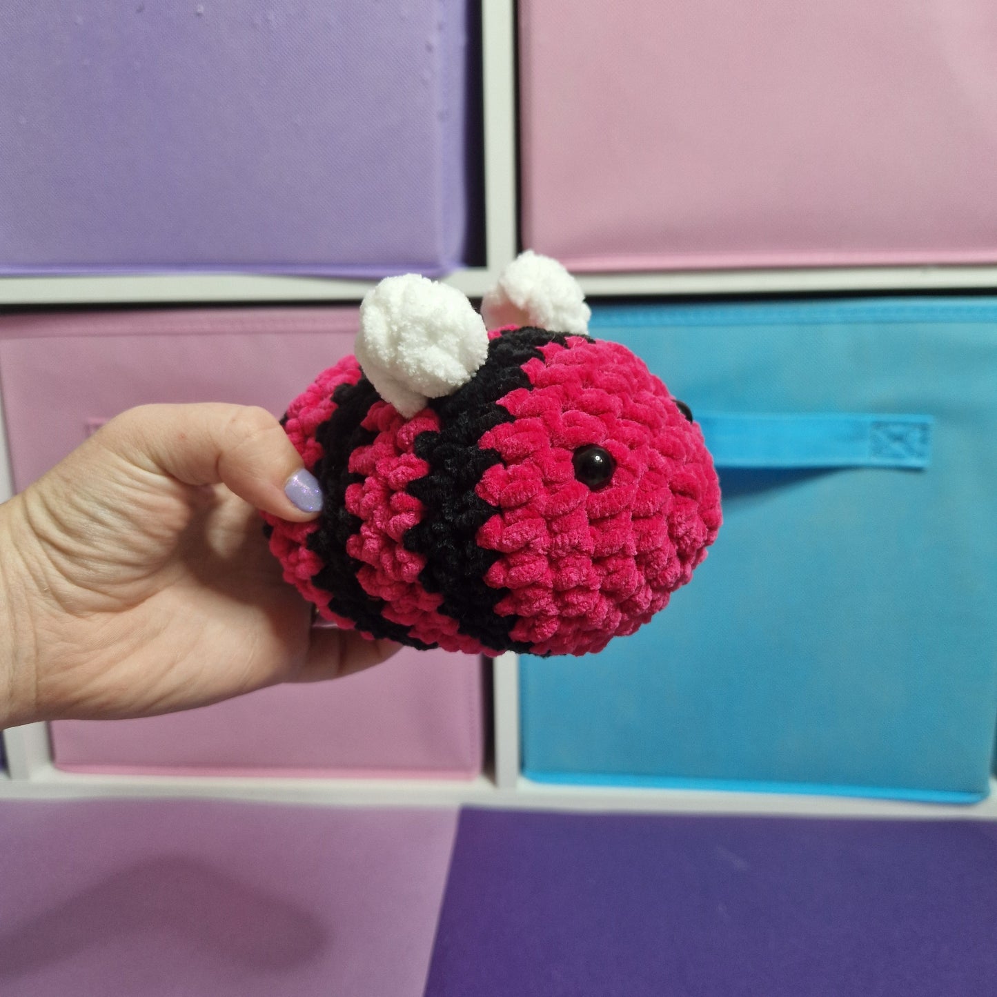Bright pink chenille crochet bumble bee