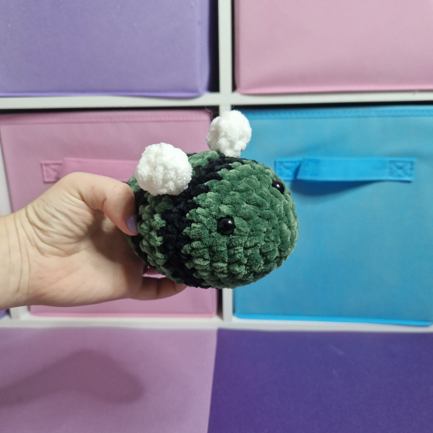 Green chenille crochet bumble bee