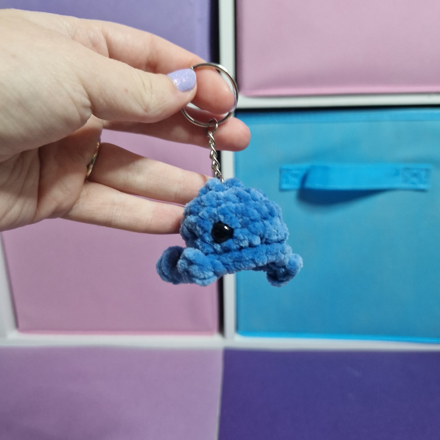 Blue mini whale chenille yarn crochet keyring
