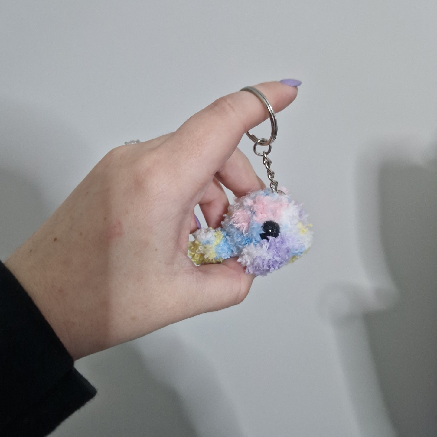 Fluffy rainbow mini whale yarn crochet keyring