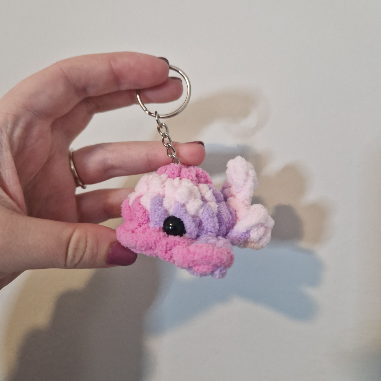 Pink multi coloured mini whale chenille yarn crochet keyring