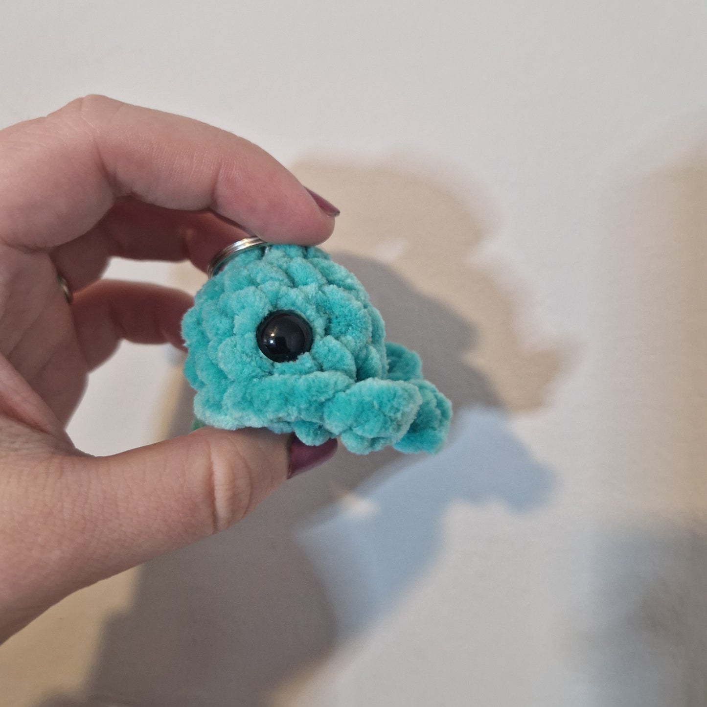 Turquoise mini whale chenille yarn crochet keyring