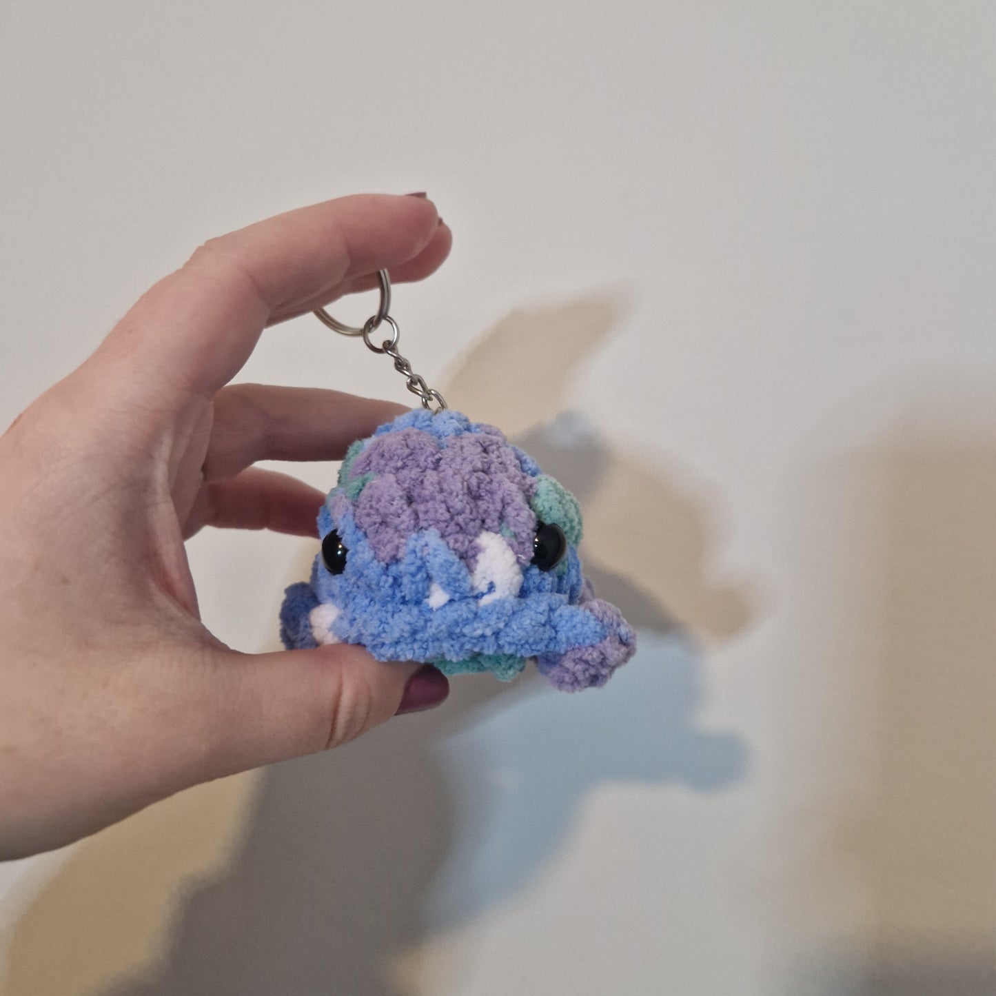 Blue and green mini whale chenille yarn crochet keyring
