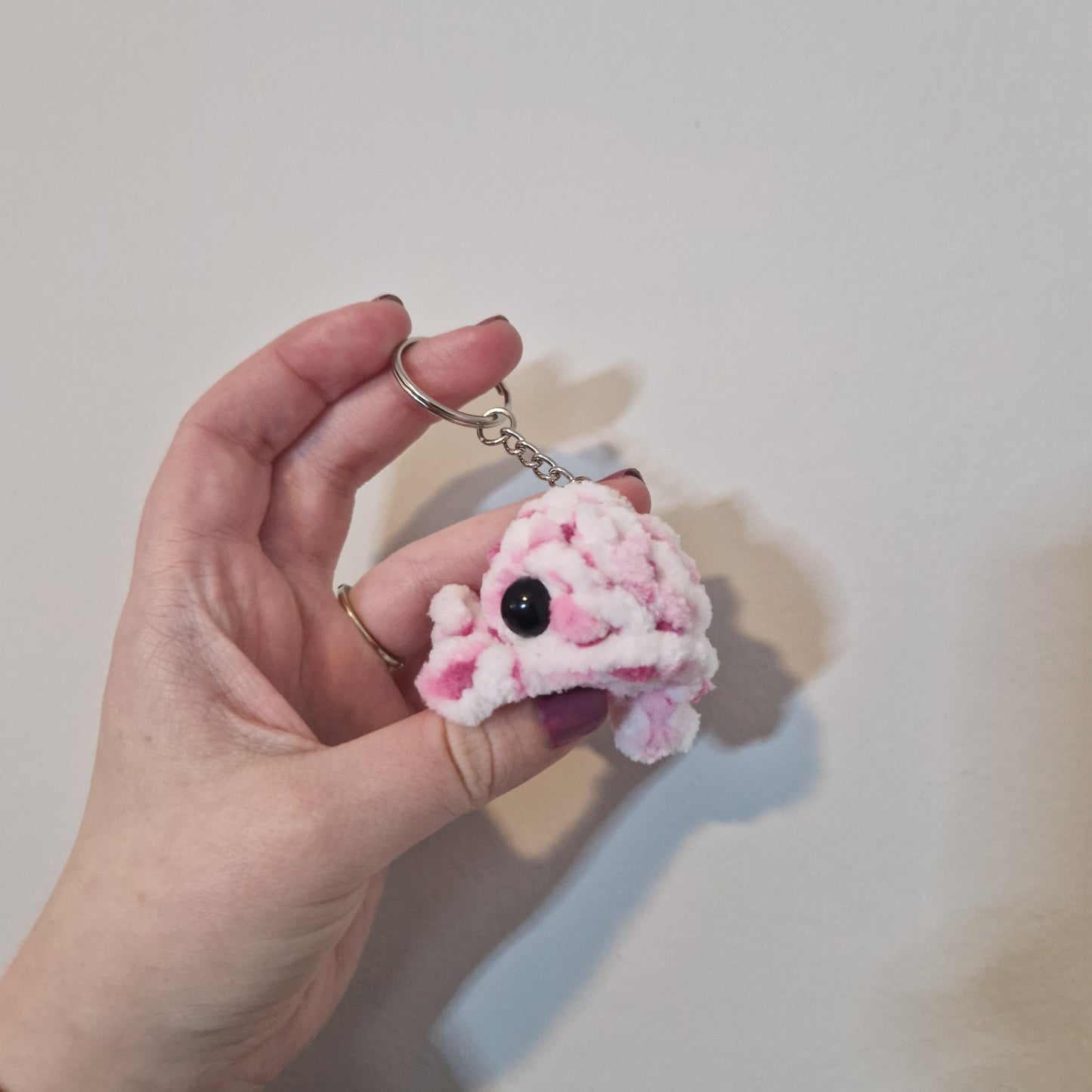 Pink and white mini whale chenille yarn crochet keyring