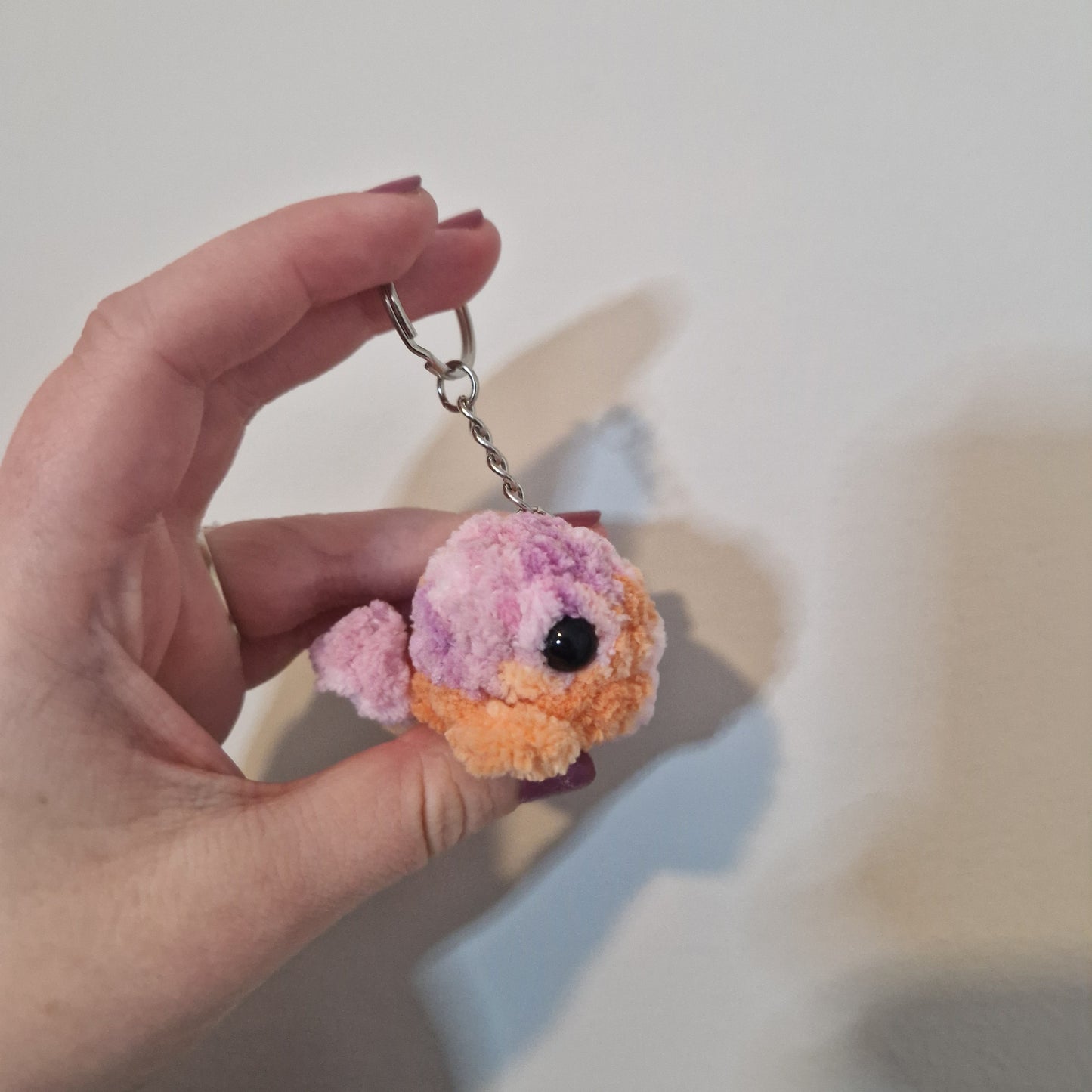 Pink sunset mini whale chenille yarn crochet keyring