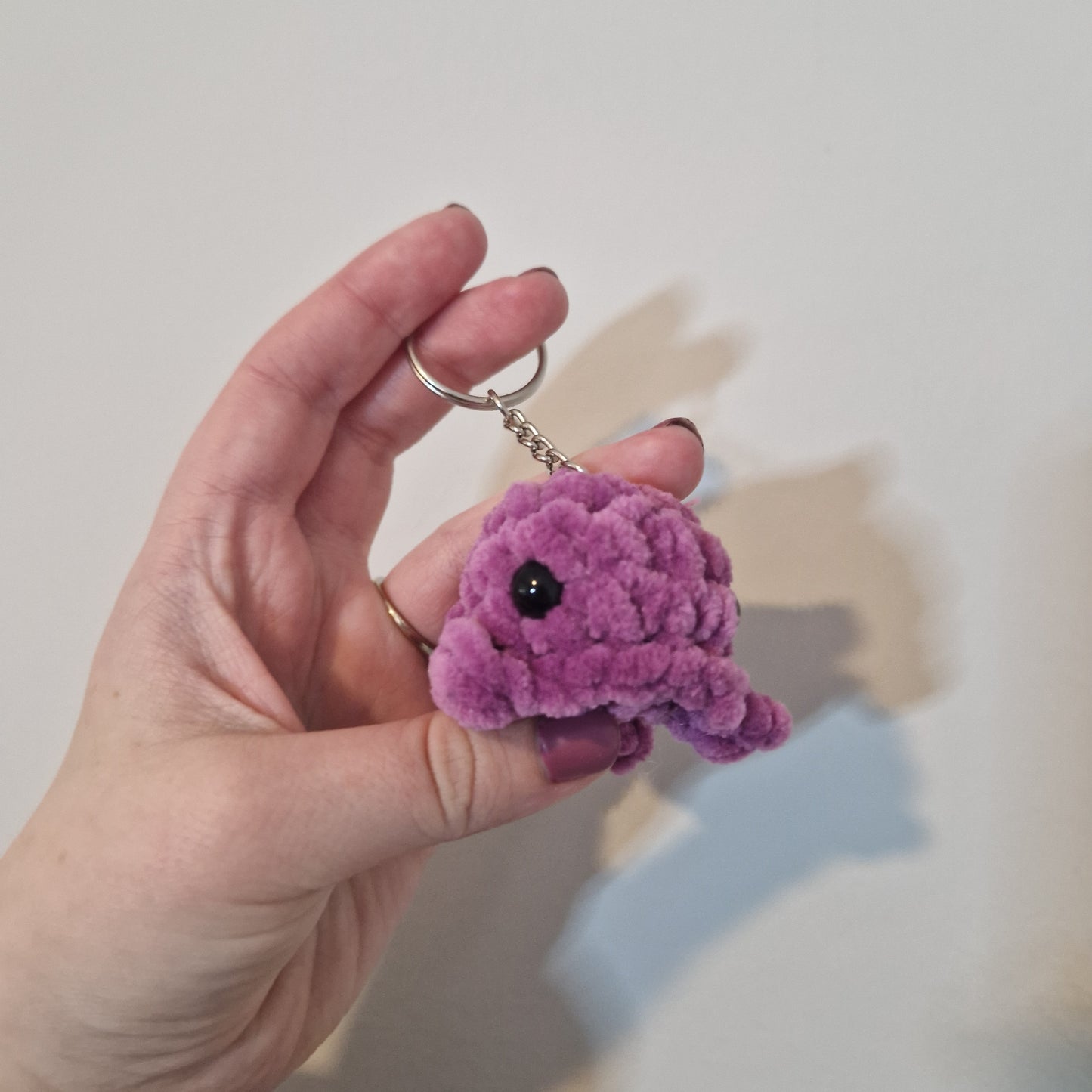 Purple mini whale chenille yarn crochet keyring