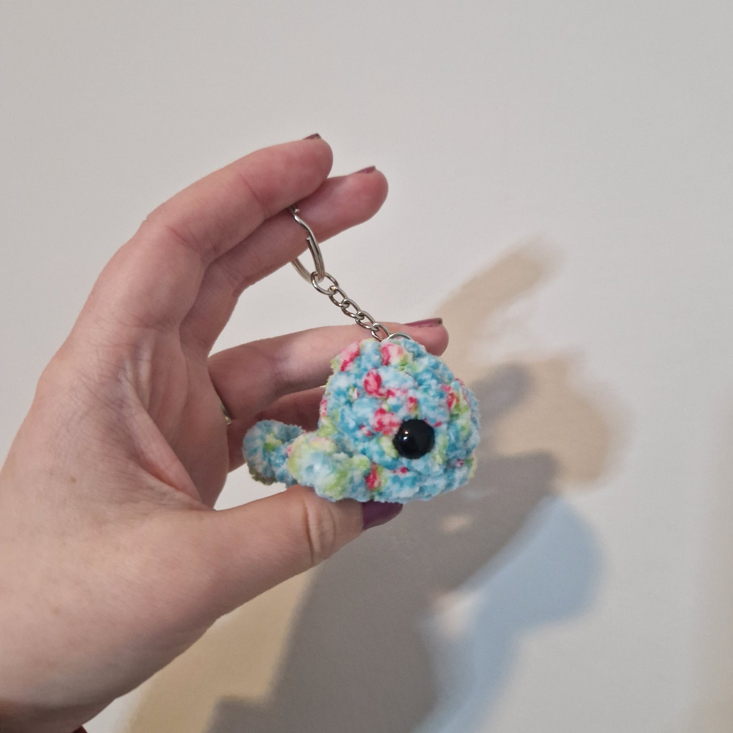 Blue floral mini whale chenille yarn crochet keyring