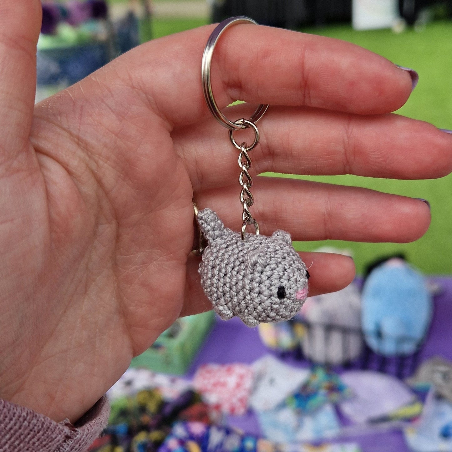 Grey Cat lace yarn micro crochet keyring