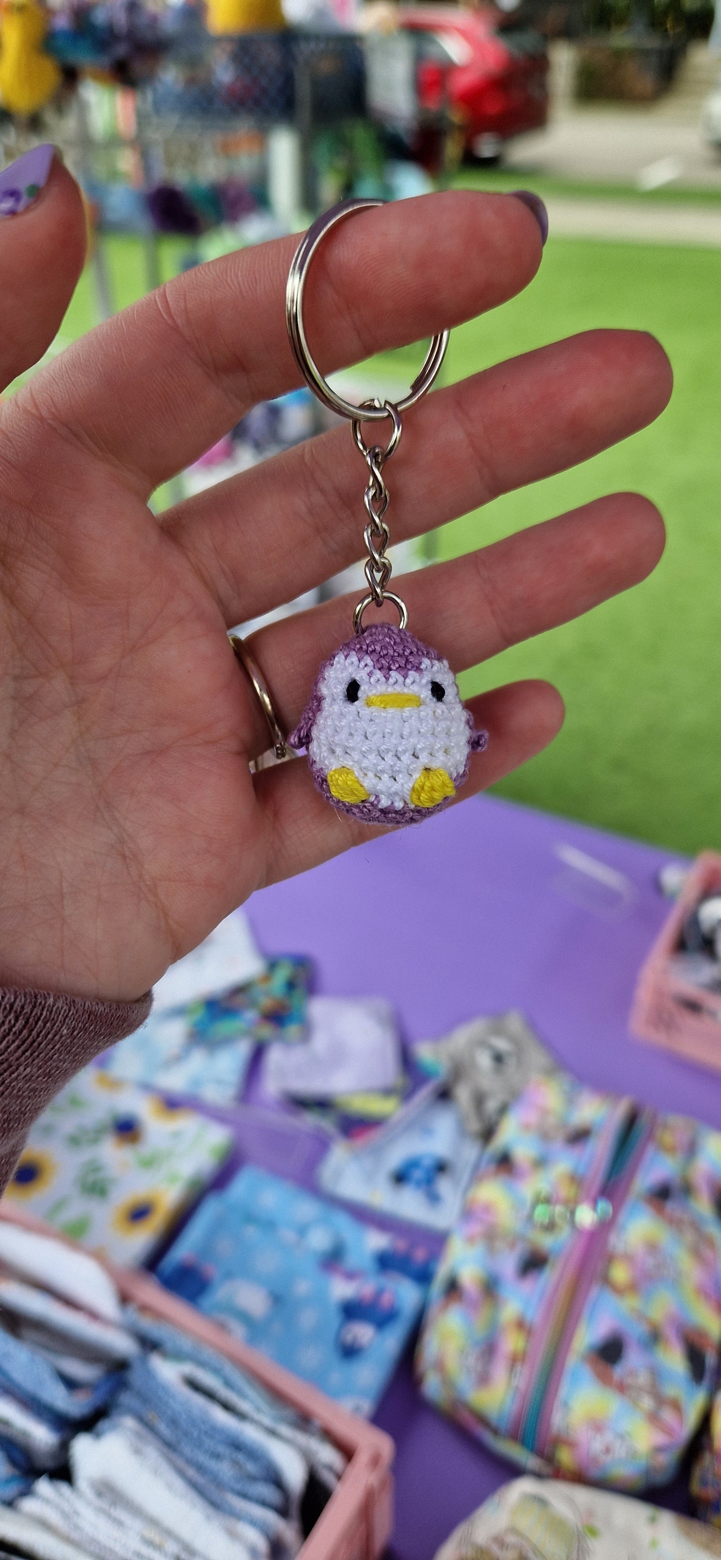 Purple Penguin lace yarn micro crochet keyring