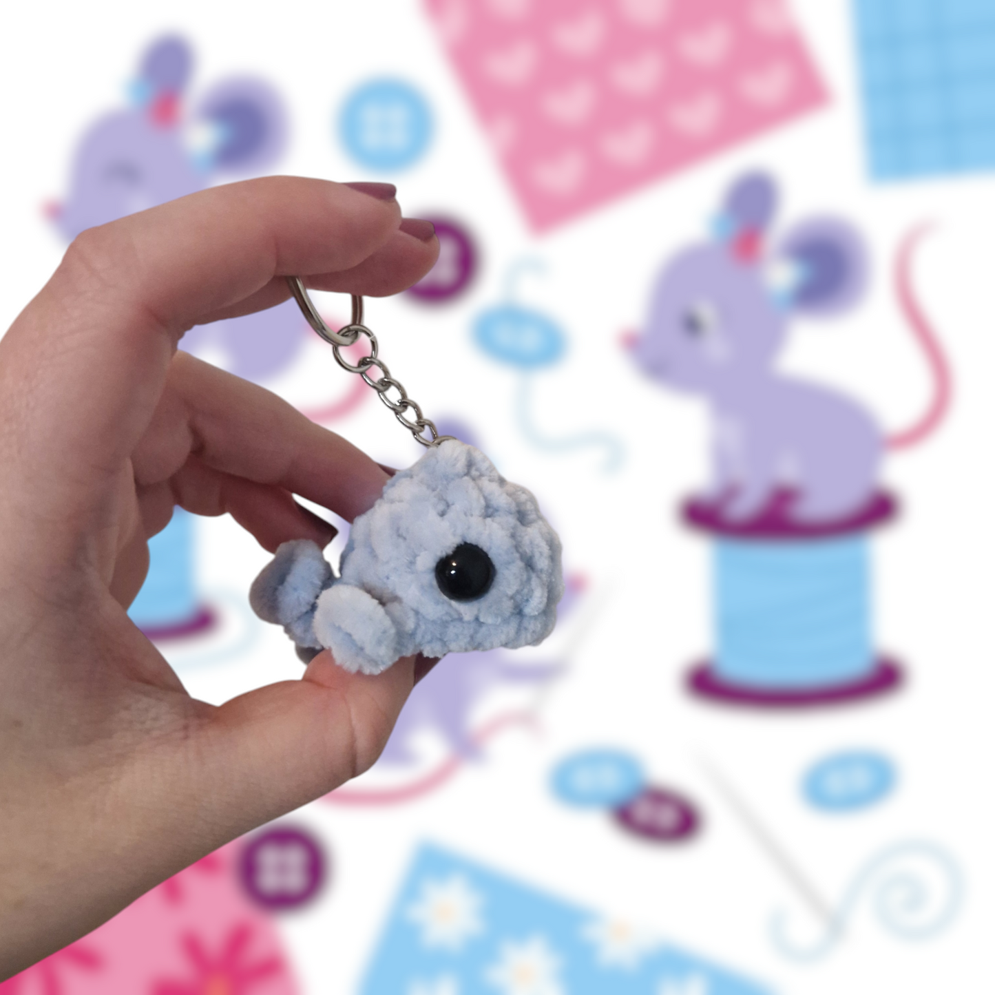 Light blue mini whale chenille yarn crochet keyring