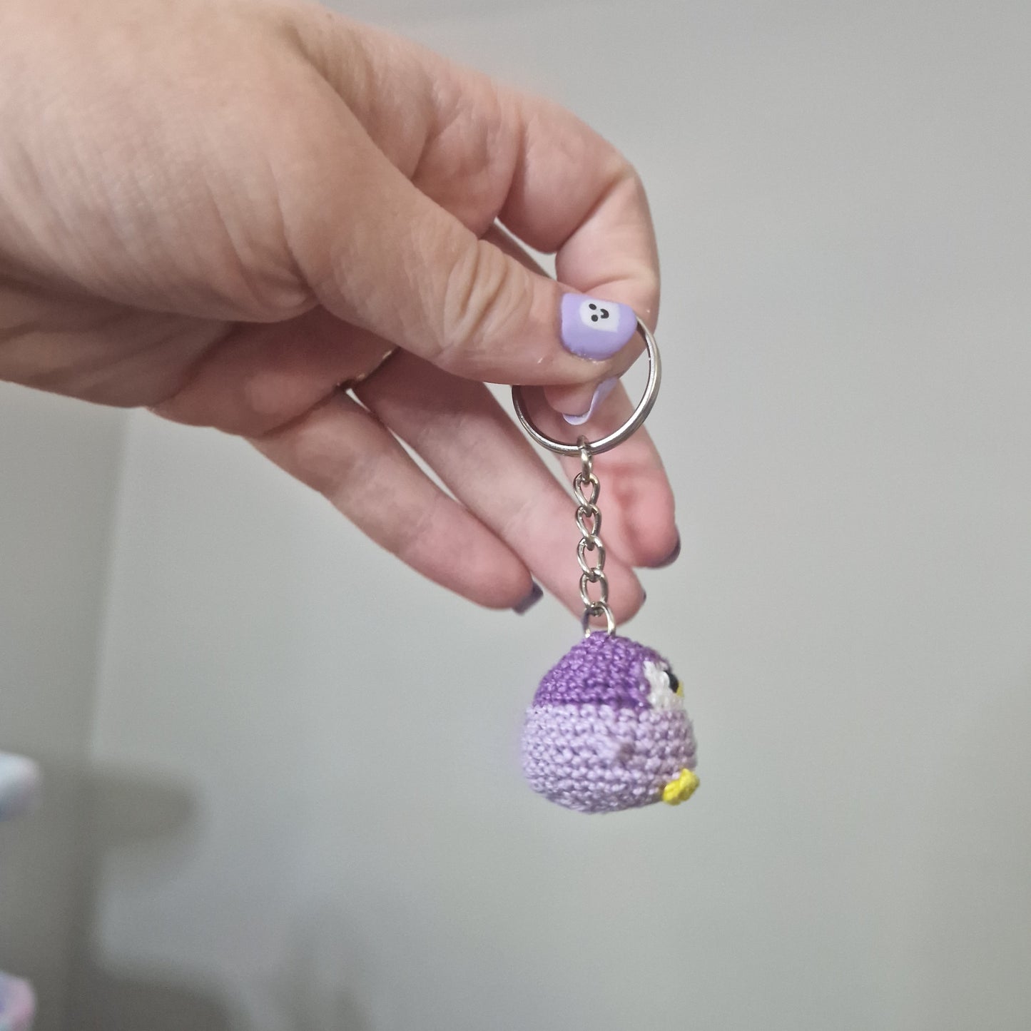 Purple Baby Penguin lace yarn micro crochet keyring