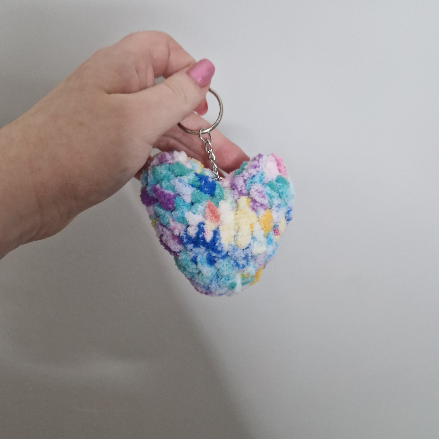Rainbow heart chenille yarn crochet keyring