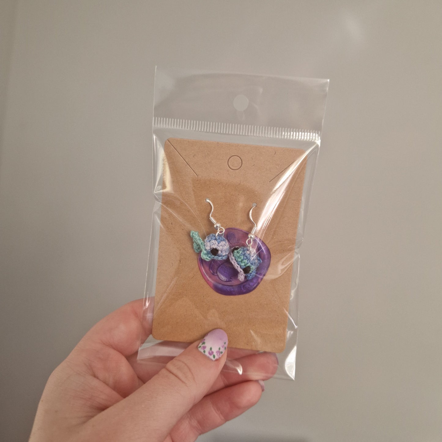 Mini whale crochet earrings blue variegated