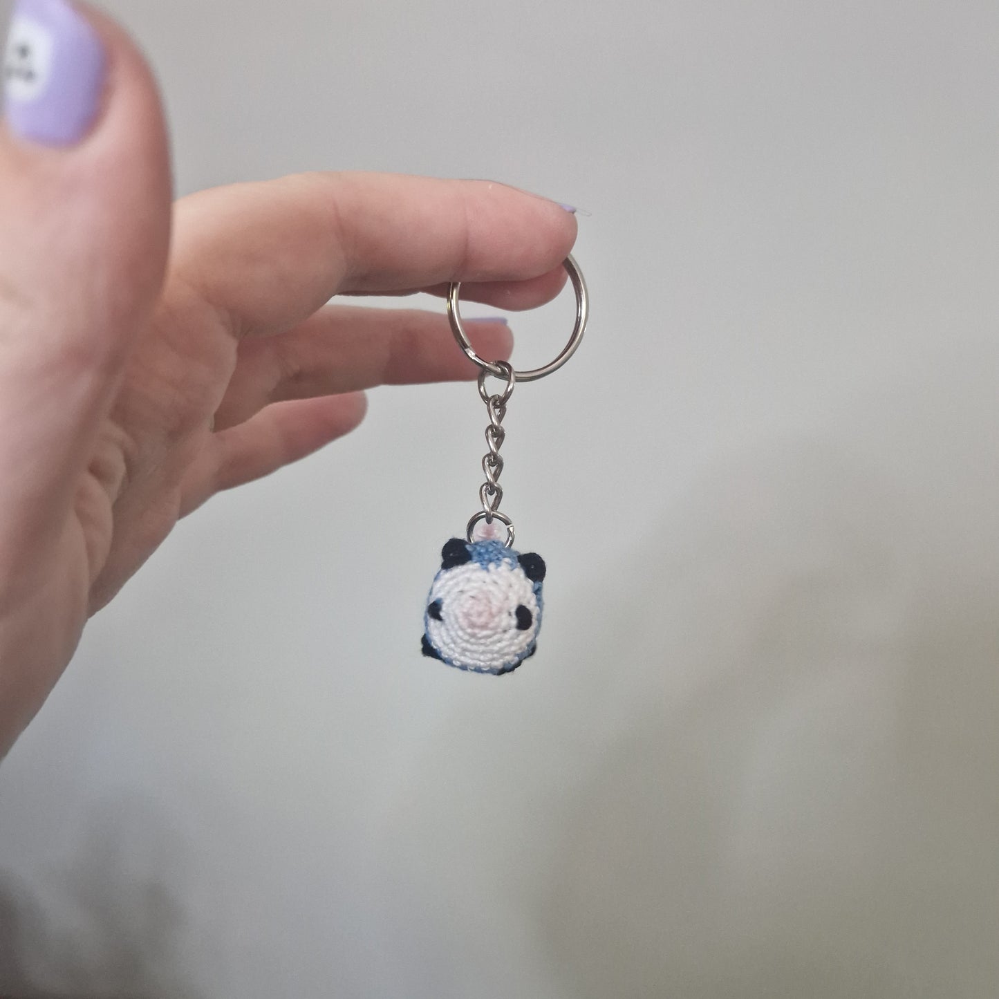 Blue opossum lace yarn micro crochet keyring