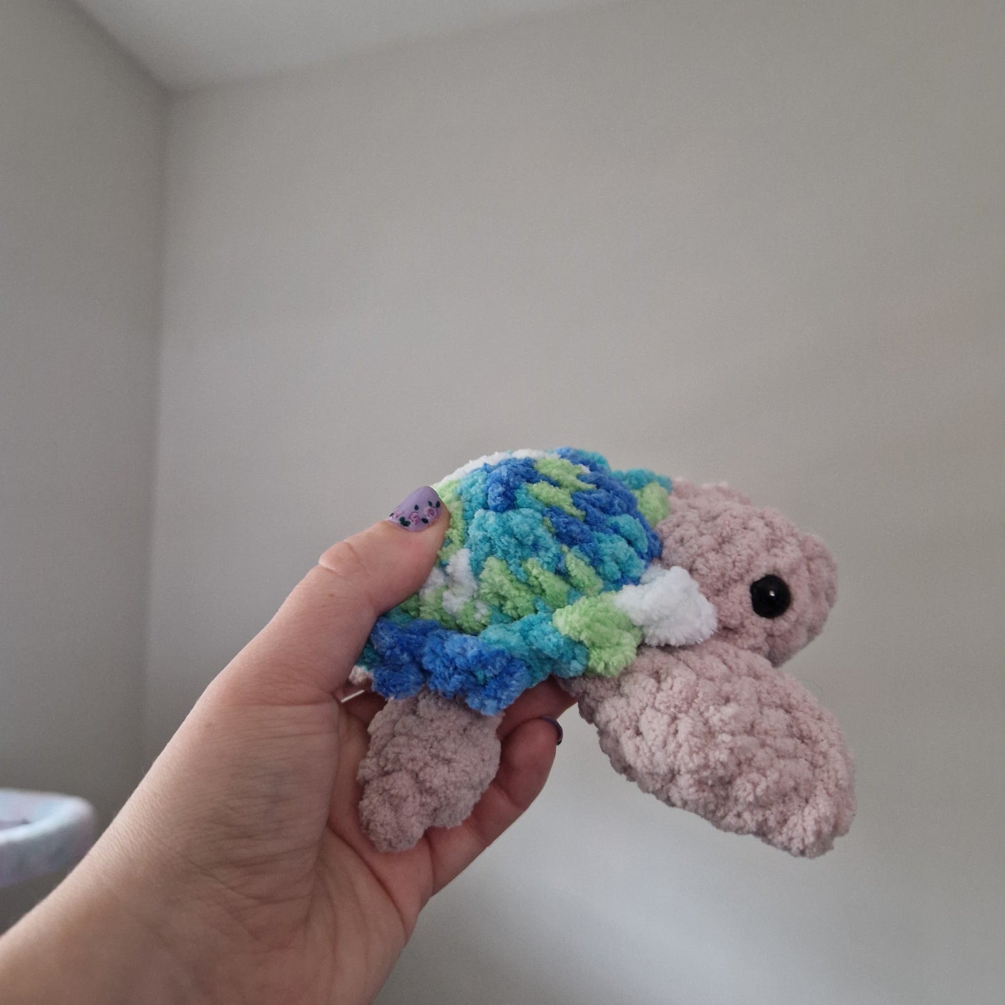 Green, blue variegated sea turtle small crochet plushie