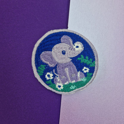 Floral elephant iron-on embroidered patch
