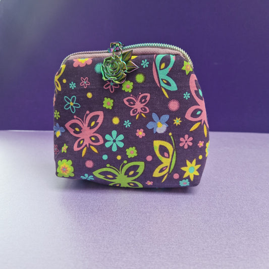 Butterfly mini triangle shaped pouch cosmetic bag with rose zipper pull