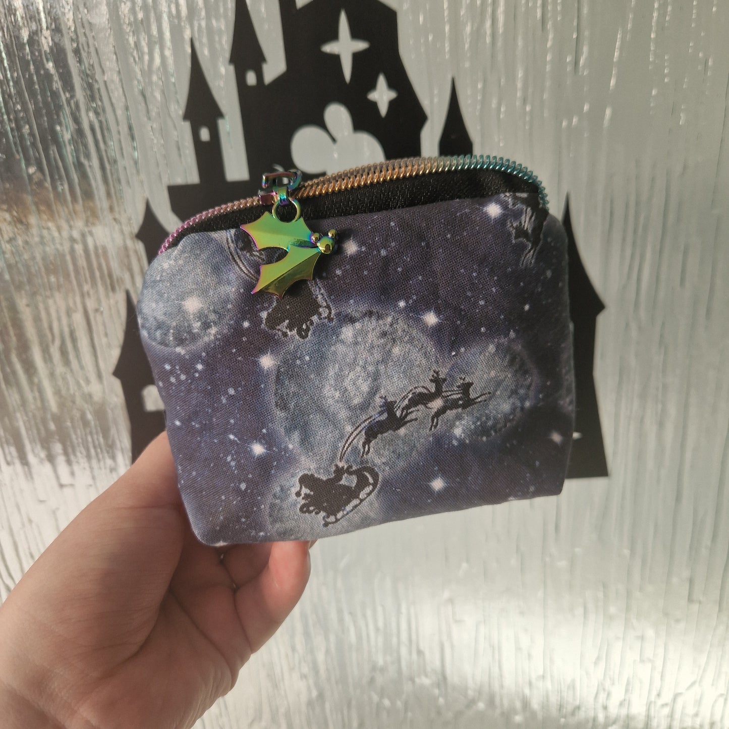 Santa Mouse mini triangle shaped pouch cosmetic bag with holly zipper pull