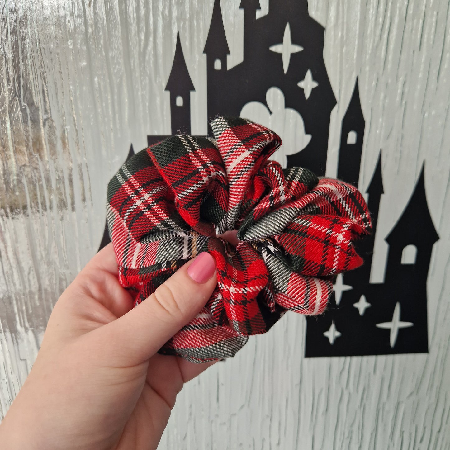 Red and white tartan cotton hair scrunchie