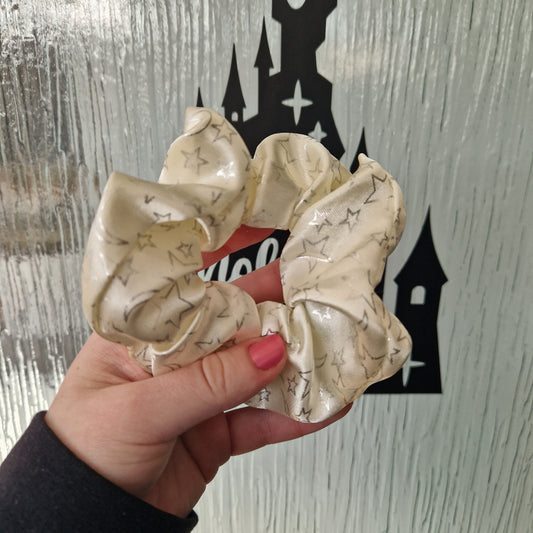 Lemon yellow moon and stars satin hair scrunchie