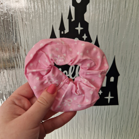 Pink bow polka dot cotton hair scrunchie