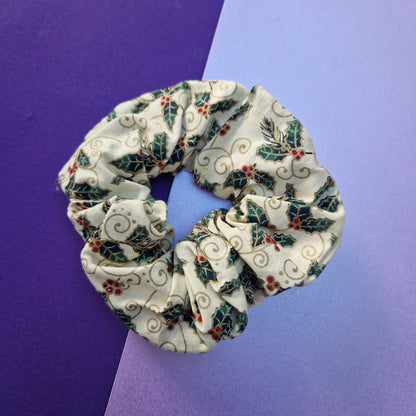 Green holly cotton hair scrunchie