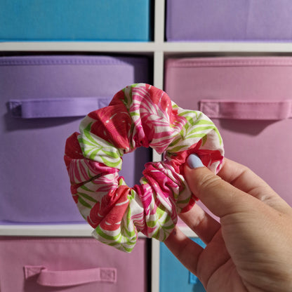 Pink monstera leaf themed cotton hair scrunchie