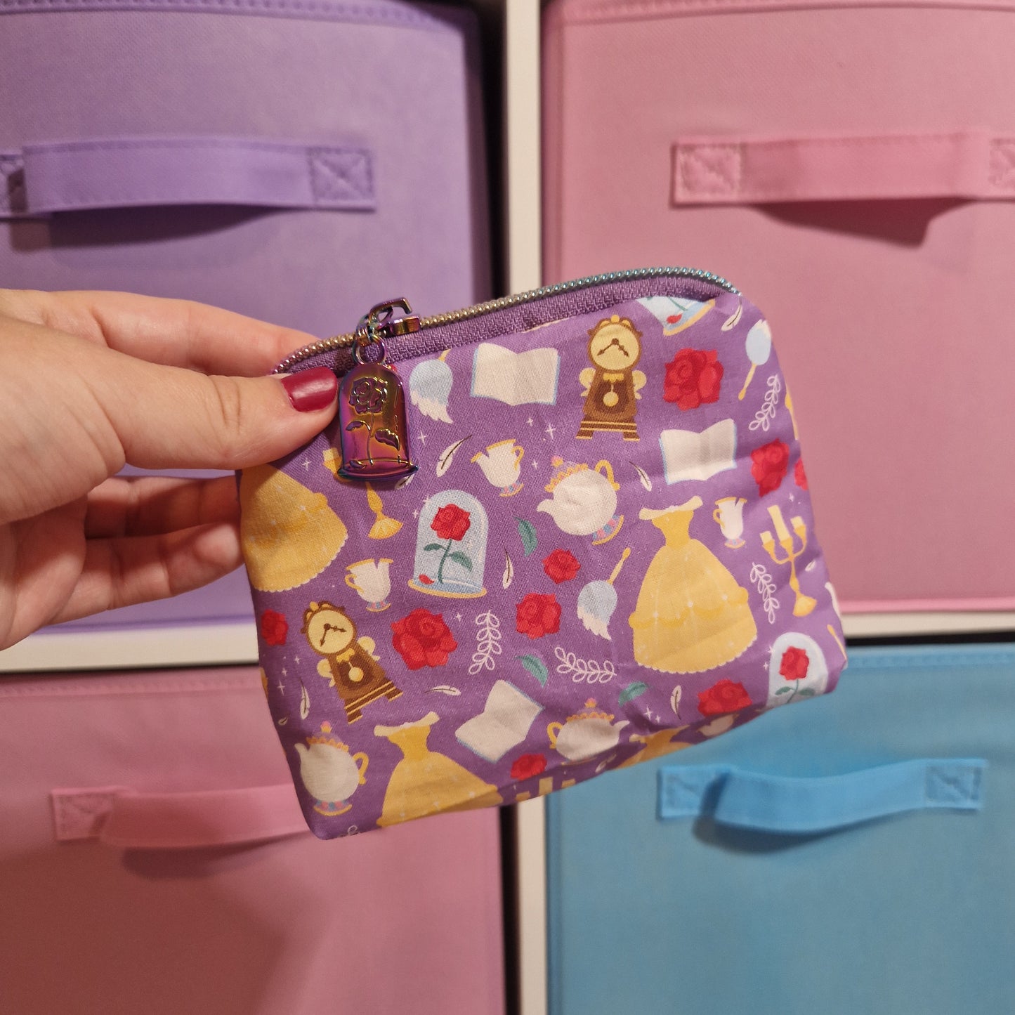 Purple bookworm mini triangle shaped pouch cosmetic bag zipper pull