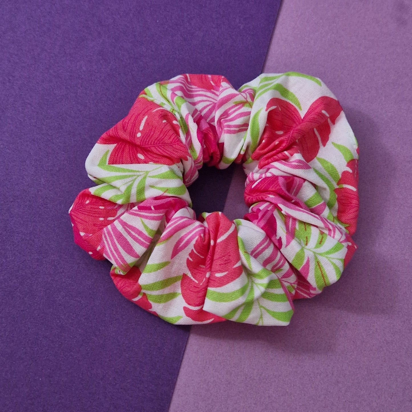 Pink monstera leaf themed cotton hair scrunchie