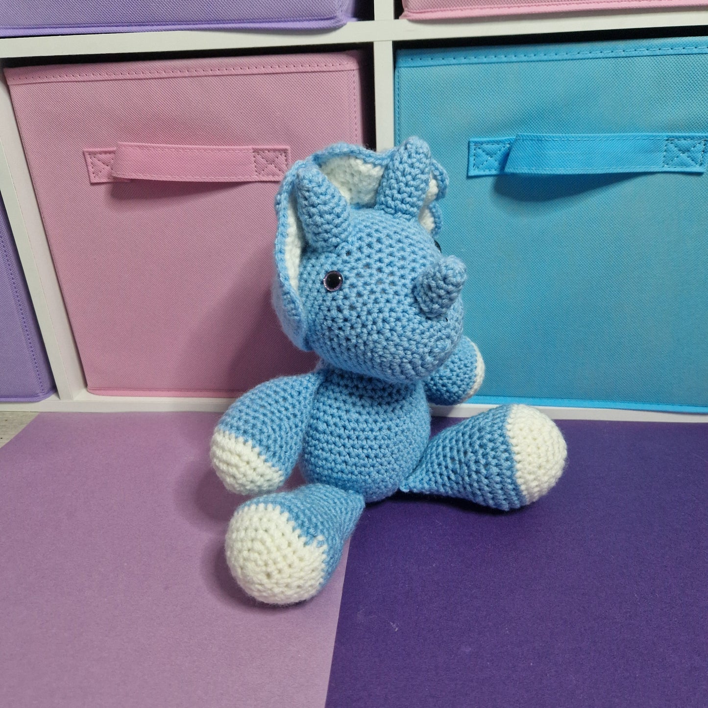 Blue and grey crochet dragon