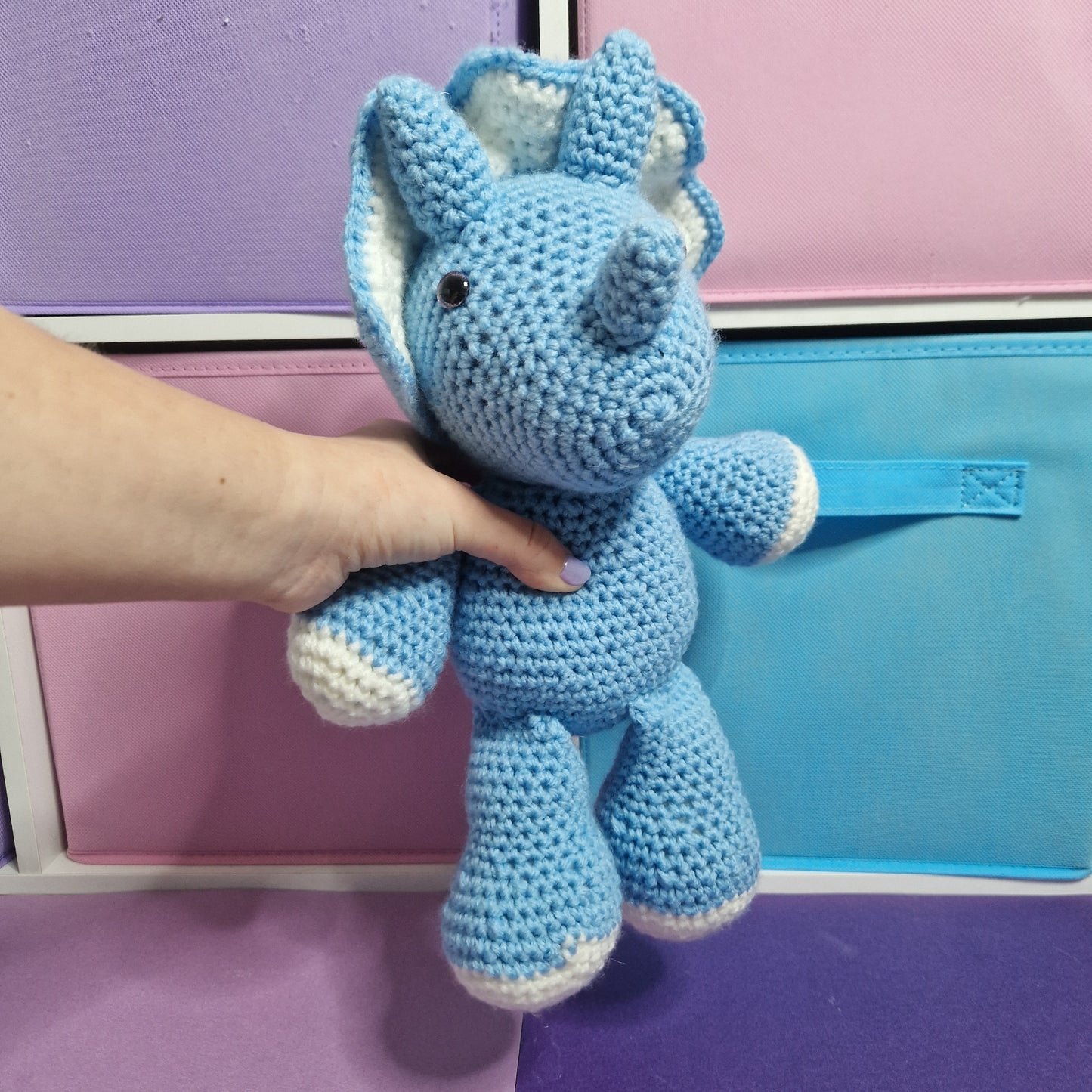 Blue and grey crochet dragon