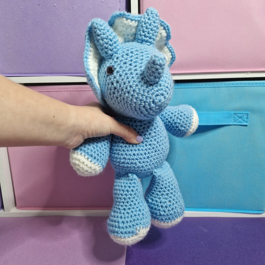 Blue and grey crochet dragon