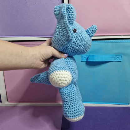 Blue and grey crochet dragon