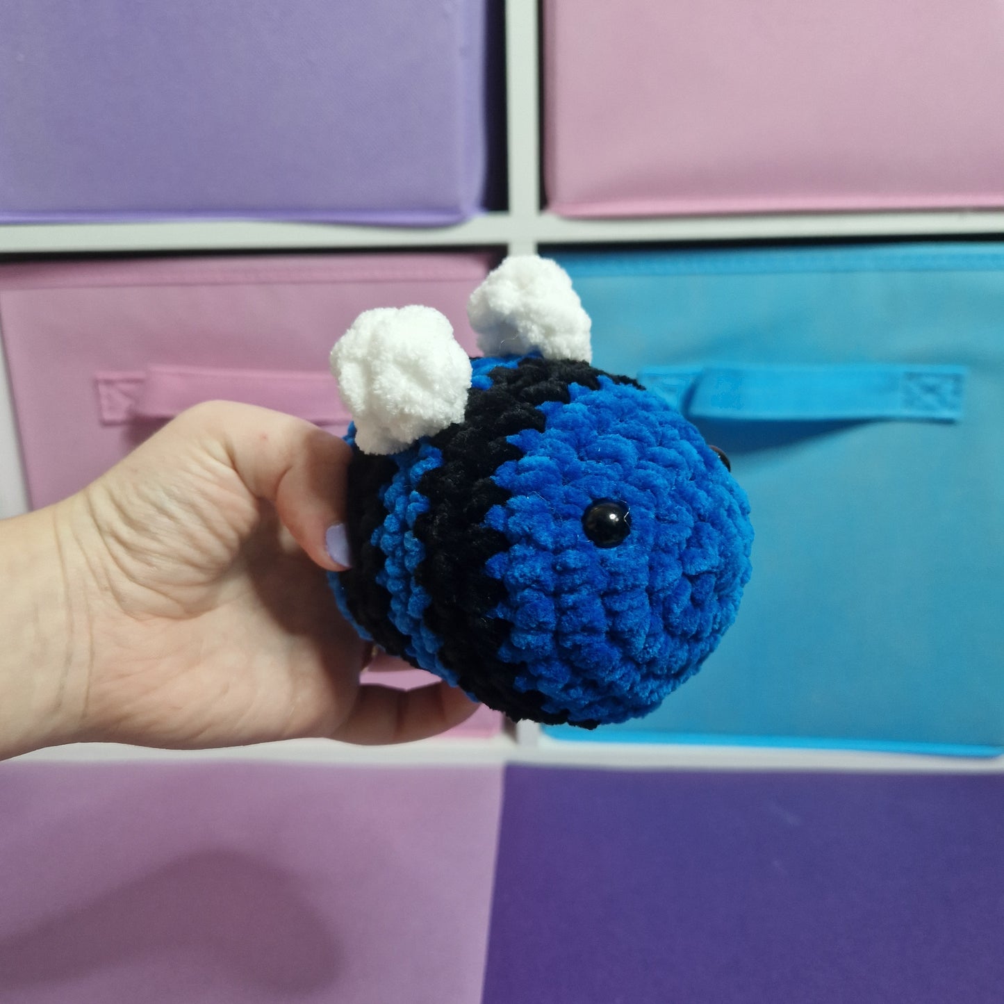 Bright blue chenille crochet bumble bee