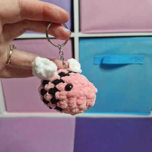 Pink bumble bee chenille yarn crochet keyring