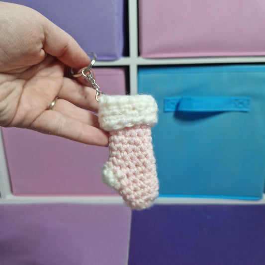 Pink stocking yarn crochet keyring