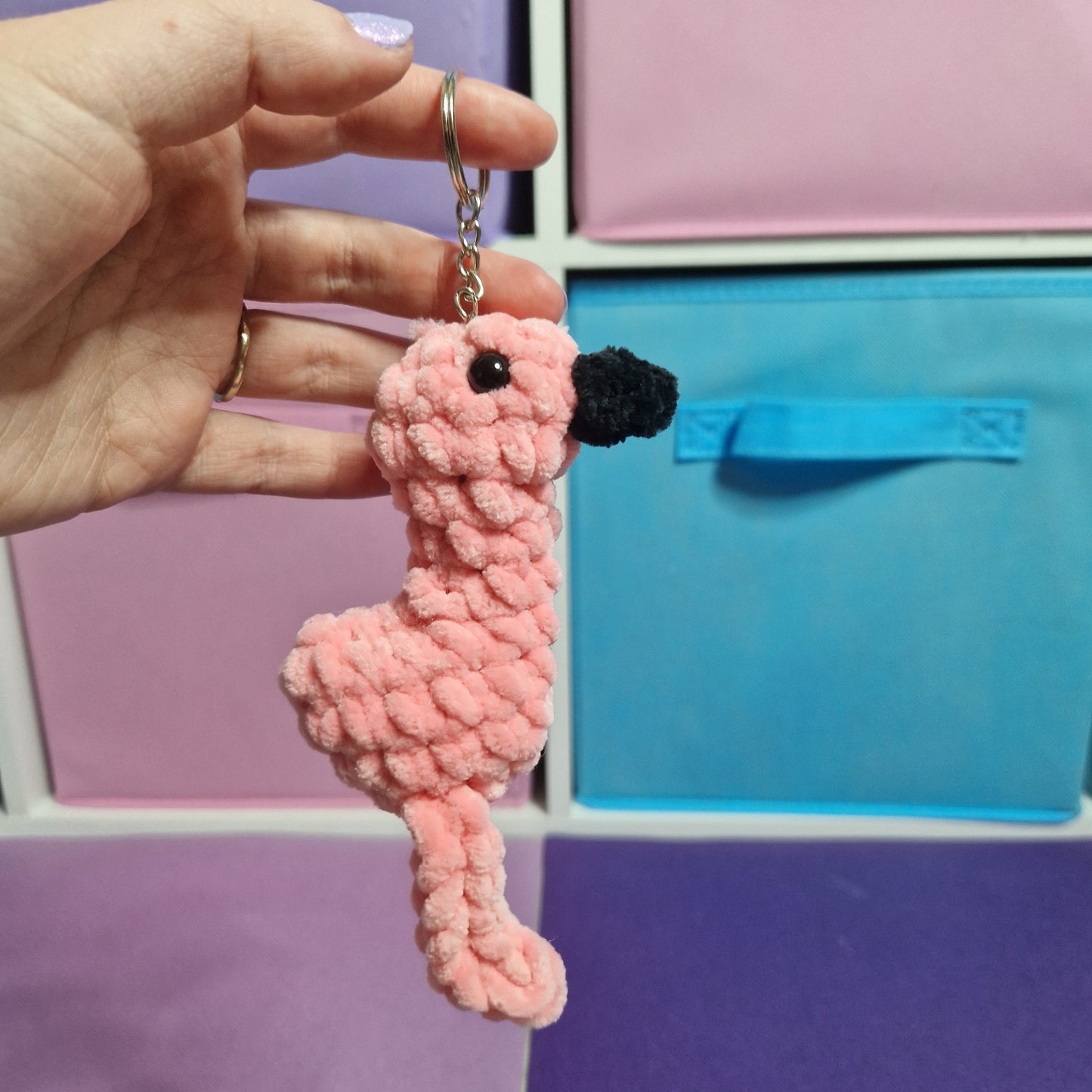 Pink flamingo chenille yarn crochet keyring