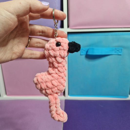 Pink flamingo chenille yarn crochet keyring