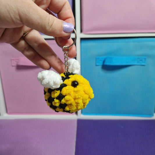 Yellow bumble bee chenille yarn crochet keyring