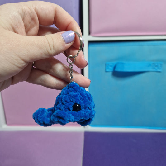 Bright blue mini whale chenille yarn crochet keyring