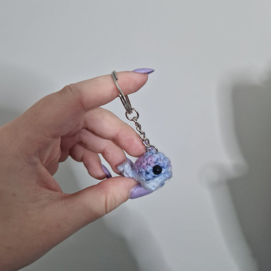 Blue multicoloured mini whale acrylic yarn crochet keyring
