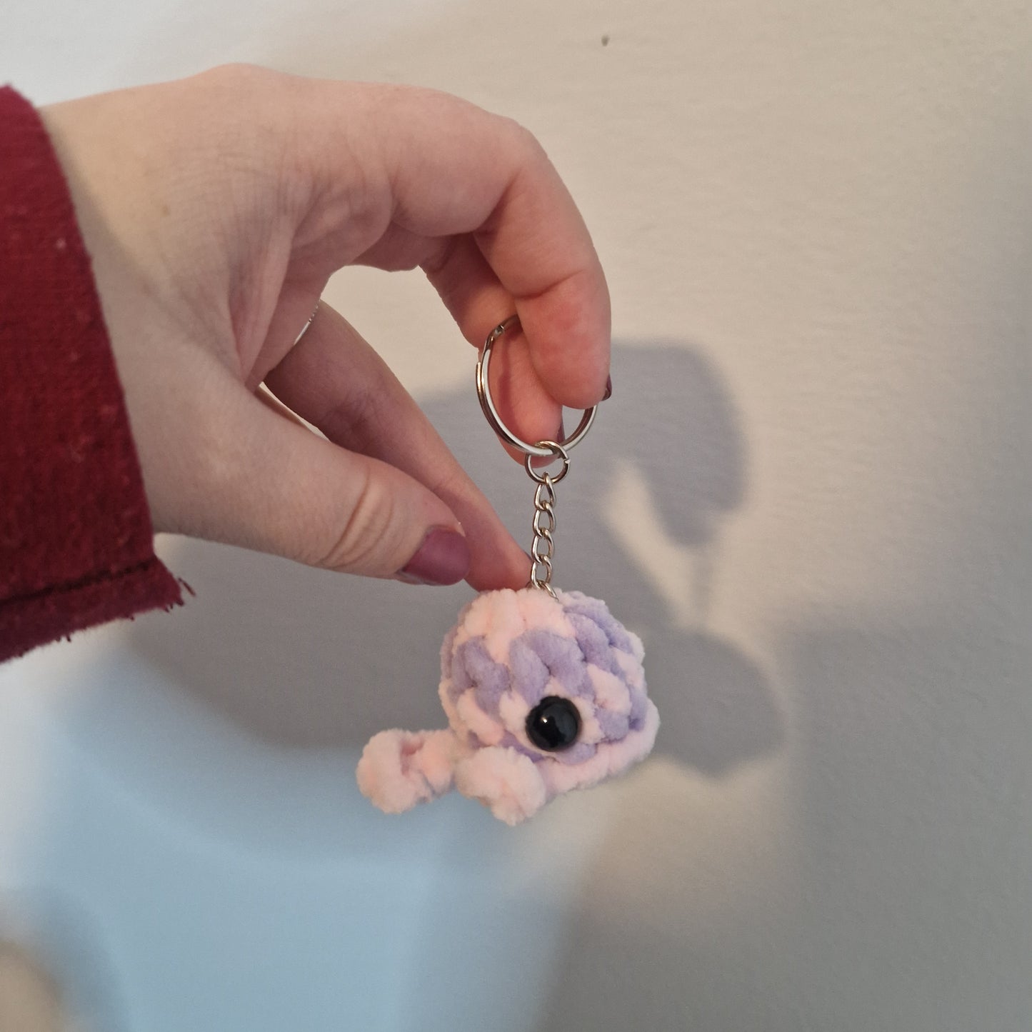 Lilac and pink mini whale chenille yarn crochet keyring