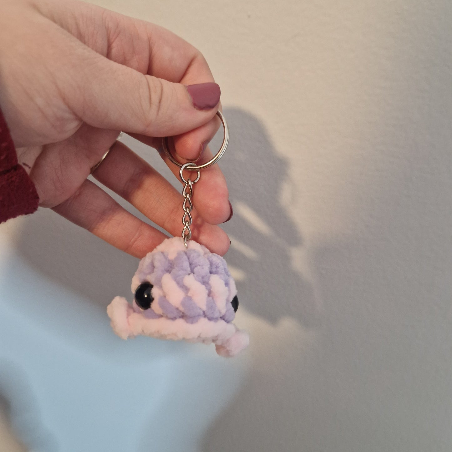 Lilac and pink mini whale chenille yarn crochet keyring