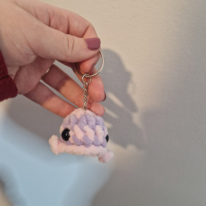 Lilac and pink mini whale chenille yarn crochet keyring