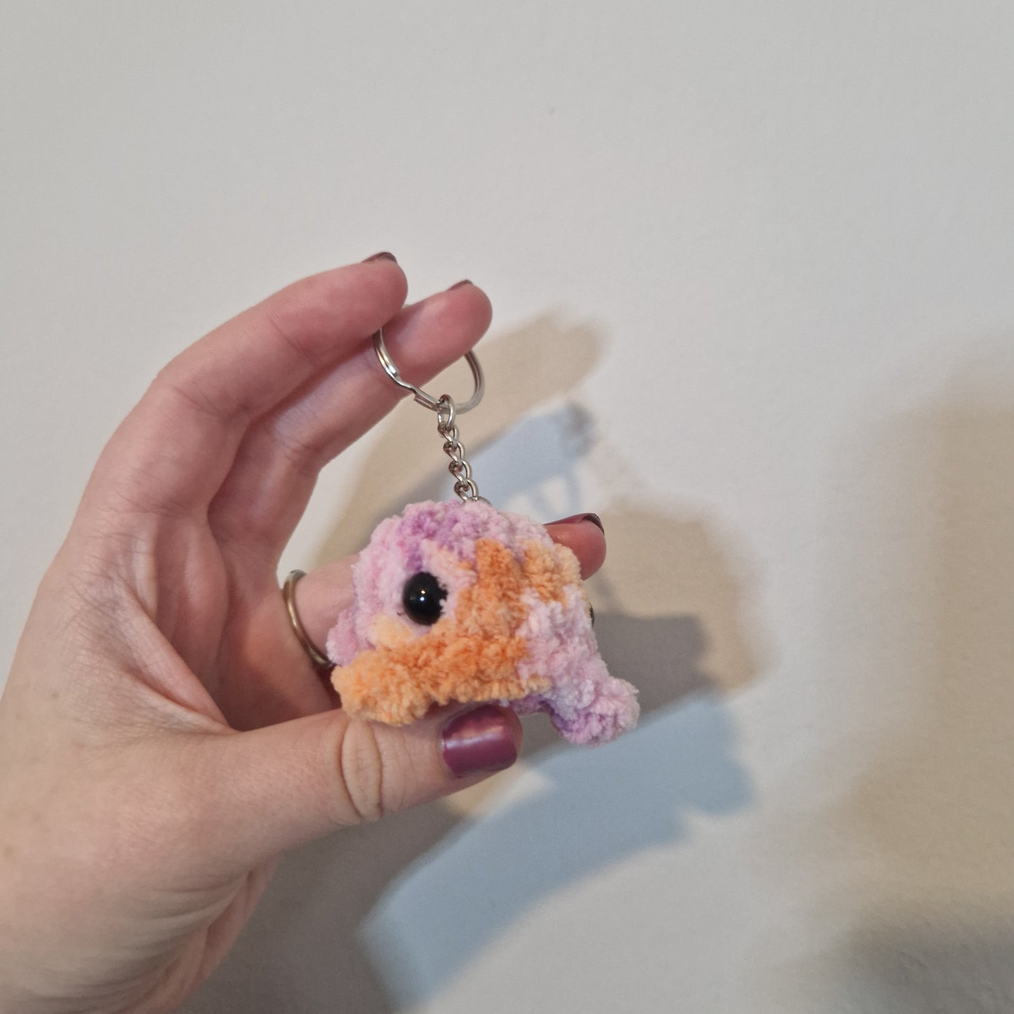 Pink sunset mini whale chenille yarn crochet keyring