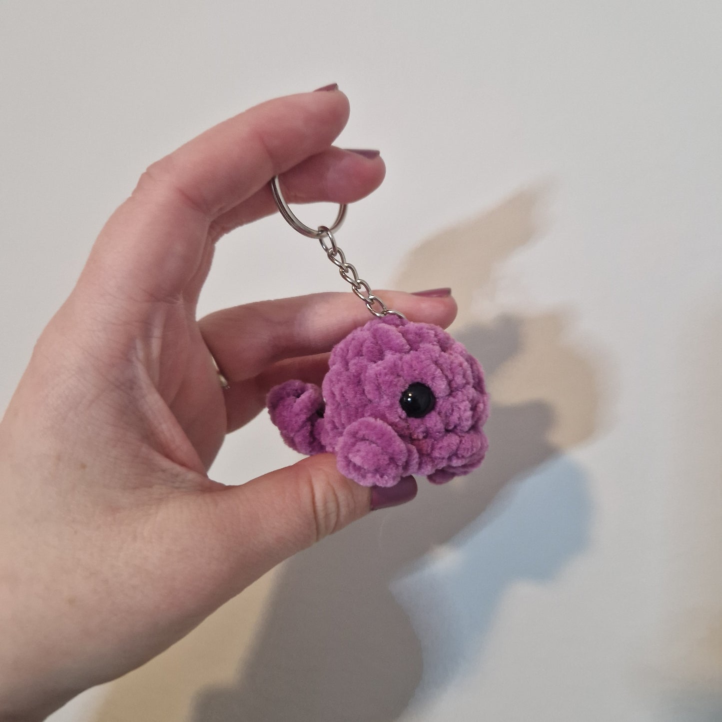 Purple mini whale chenille yarn crochet keyring